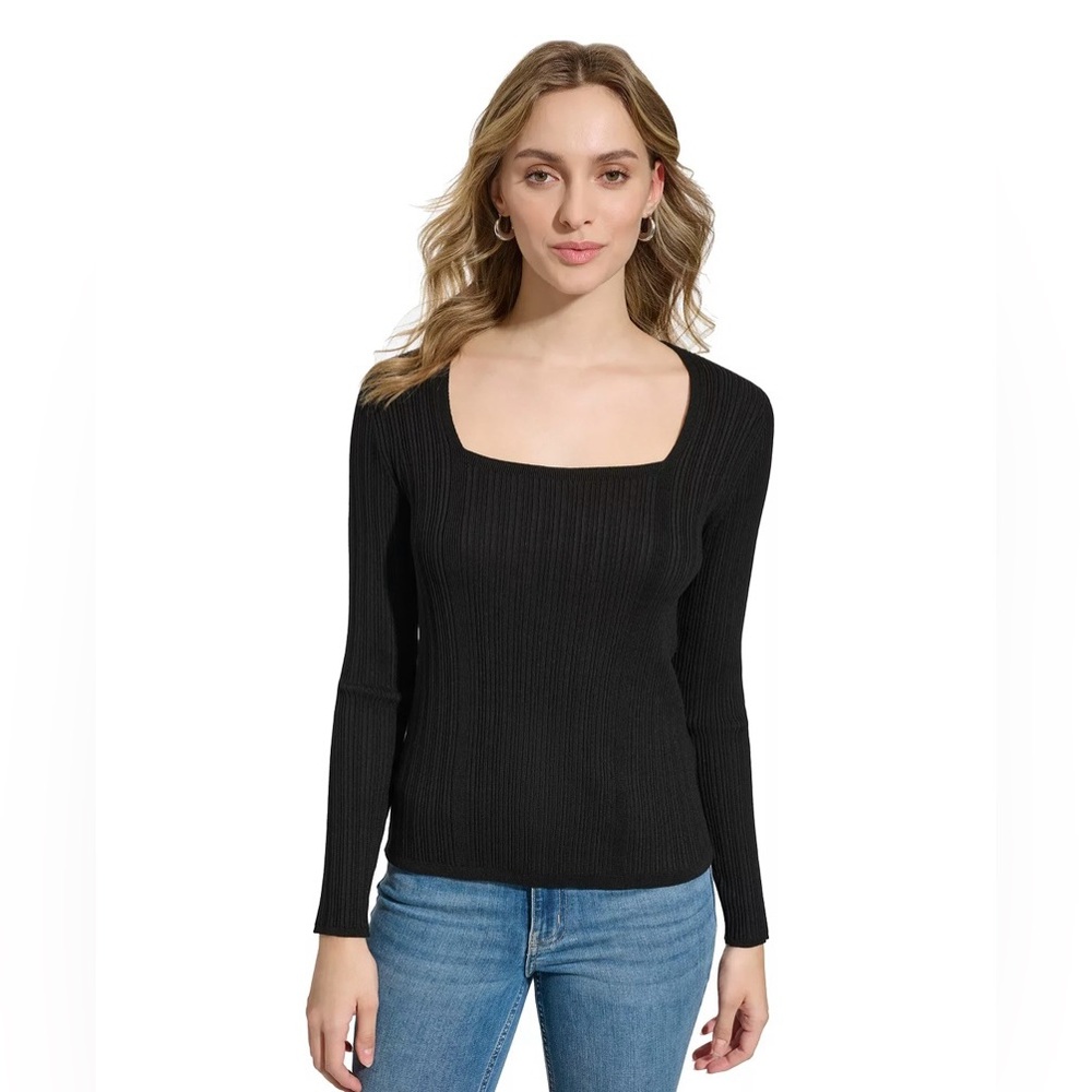 Calvin Klein Square-Neck Mixed Rib-Knit Sweater in Black